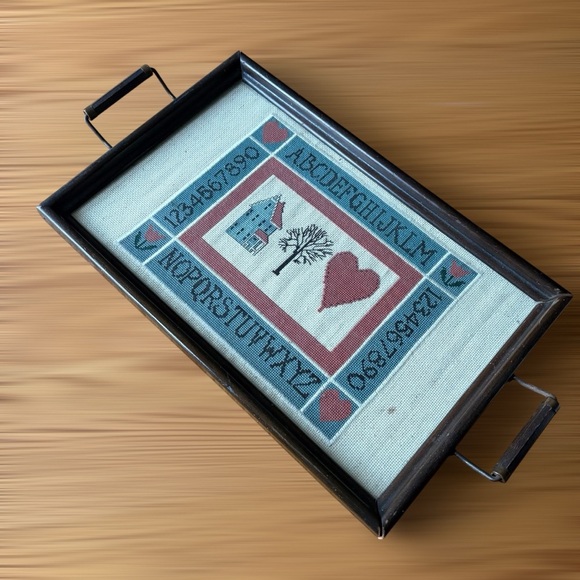 Vintage Handmade Country Sampler Framed Cross-Stitch Alphabet Tray - Picture 2 of 5